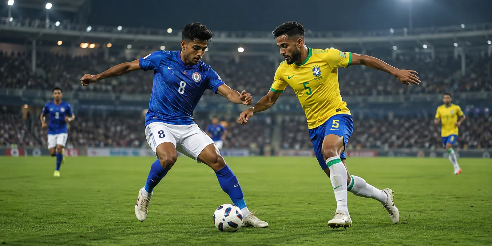 Conceptual illustration of an Indian midfielder competing with a Brazilian midfielder