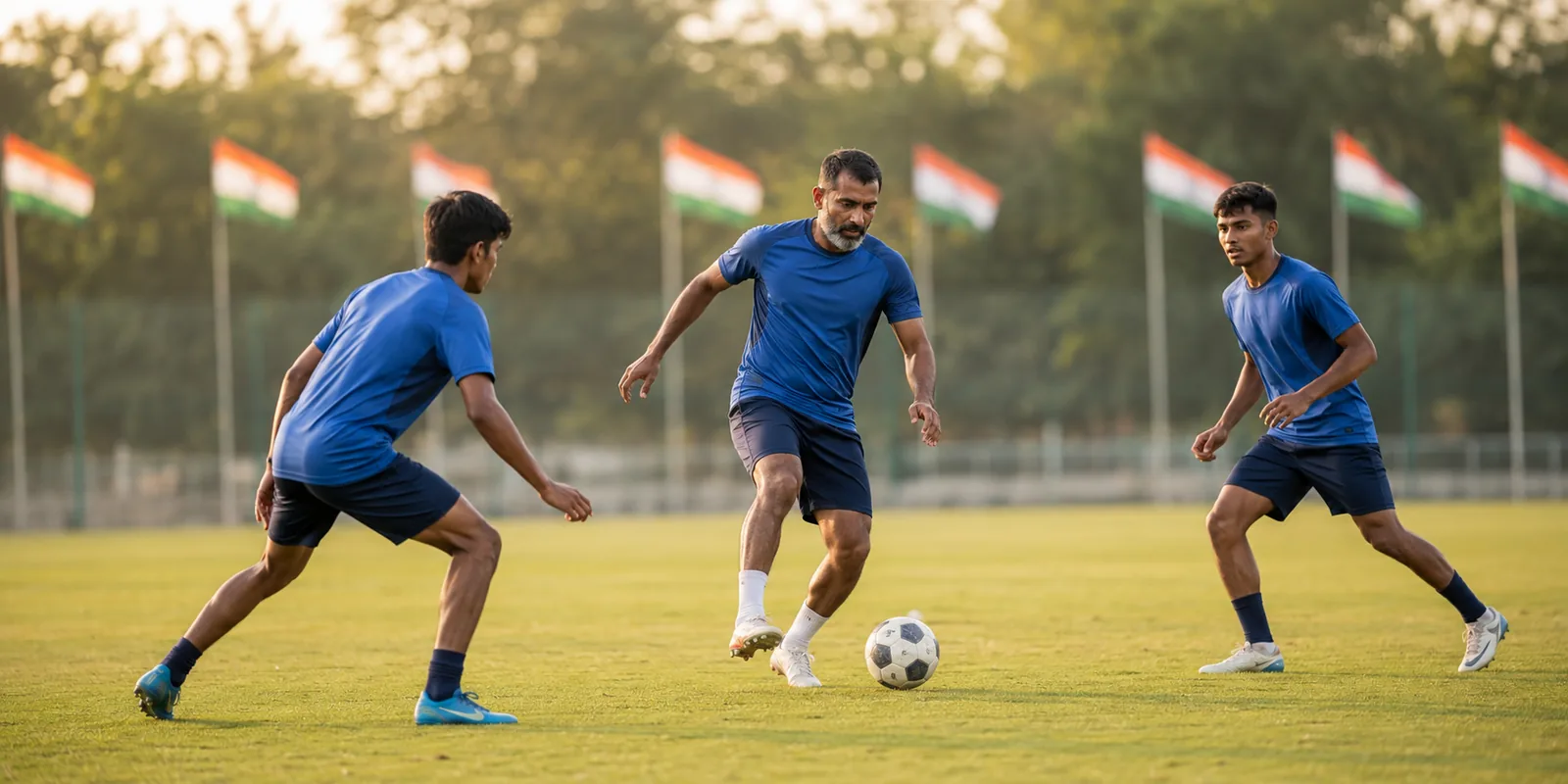Conceptual illustration of an experienced Indian player training with two younger teammates
