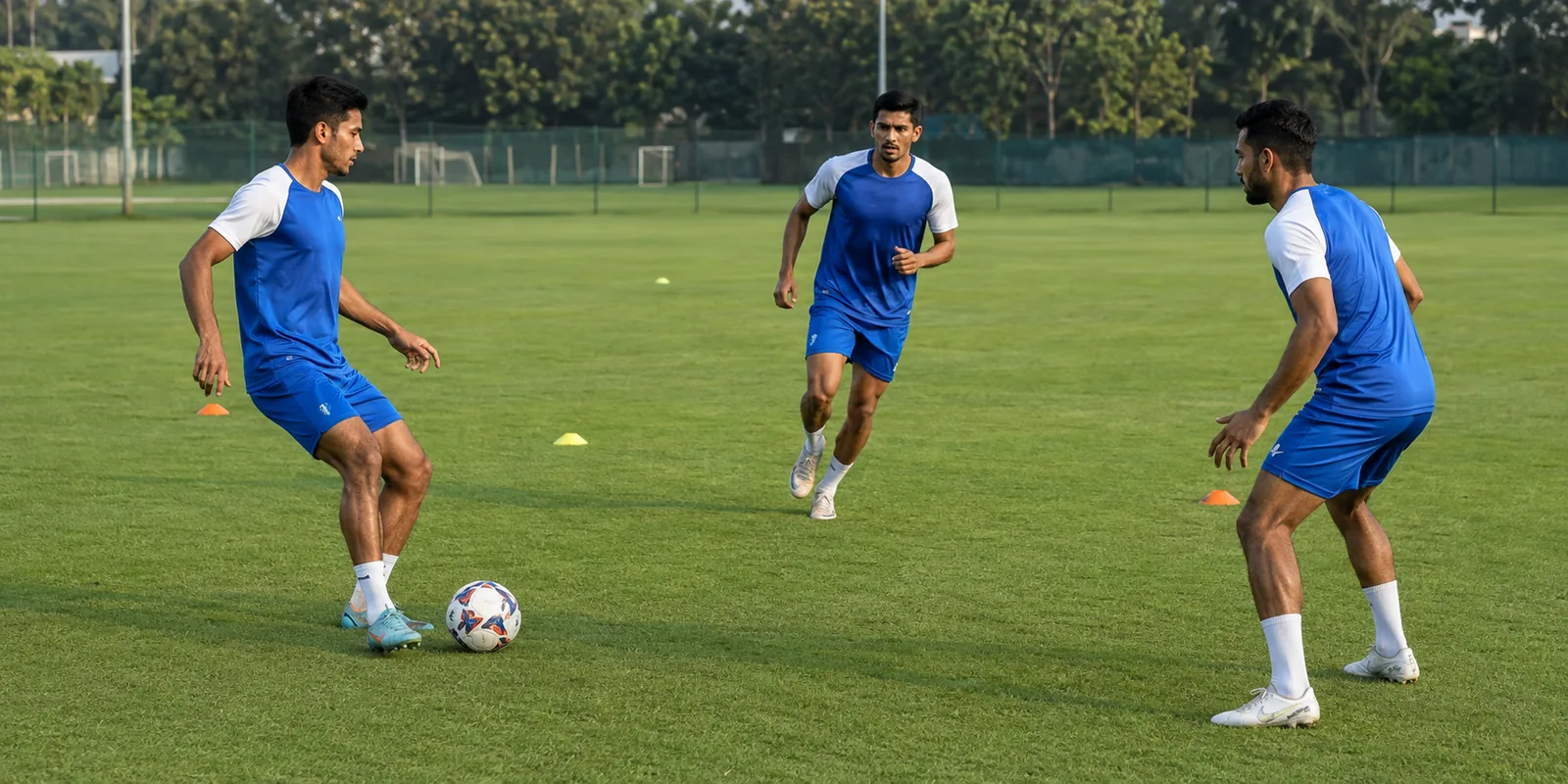 Conceptual illustration of three Indian footballers exchanging passes in training