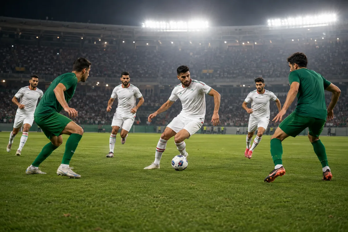 Fictional footballers in Iran-inspired national colours during a stadium match