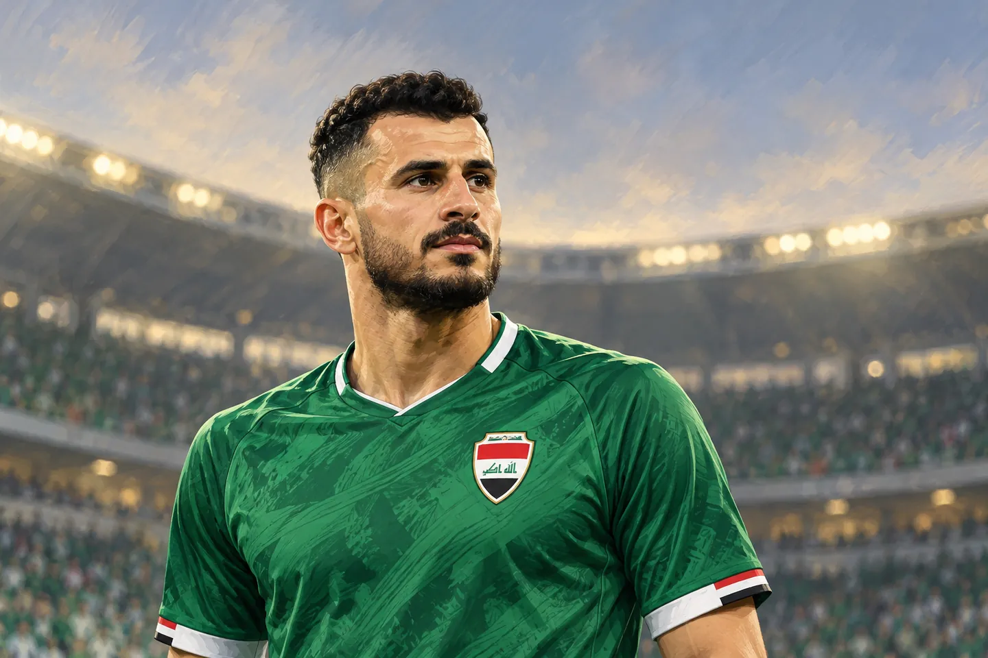Aymen Hussein-inspired editorial portrait in a green Iraq jersey