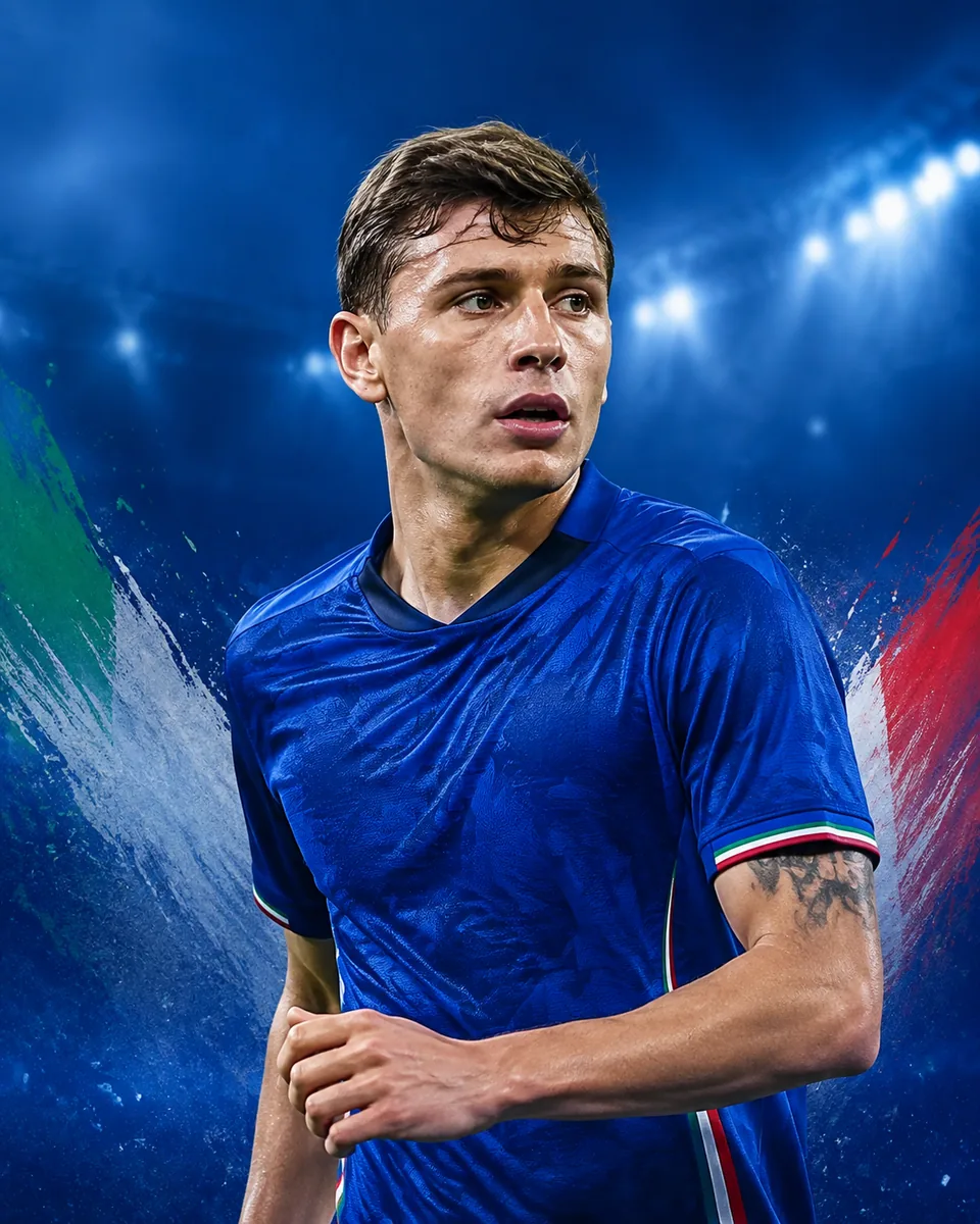Editorial portrait of an Italian midfielder in a blue shirt