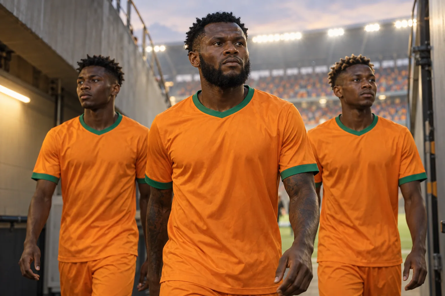 Fictional footballers in Ivory Coast-inspired national colours during a stadium match