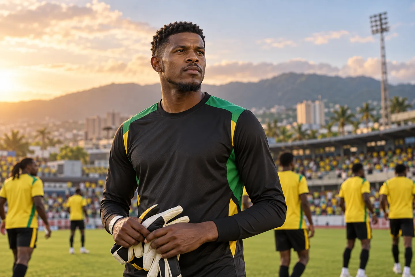 Editorial portrait inspired by Andre Blake, with teammates in Jamaica colours