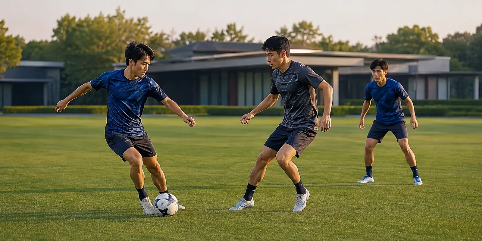 Conceptual illustration of three Japanese players preparing on a training pitch