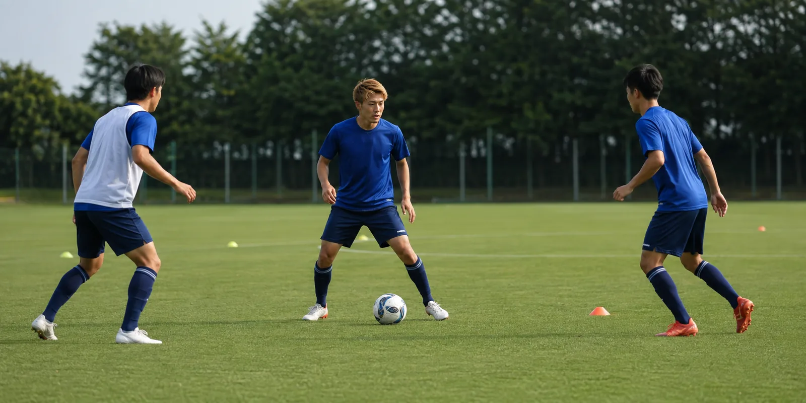 Conceptual illustration of three Japanese players exchanging passes in training