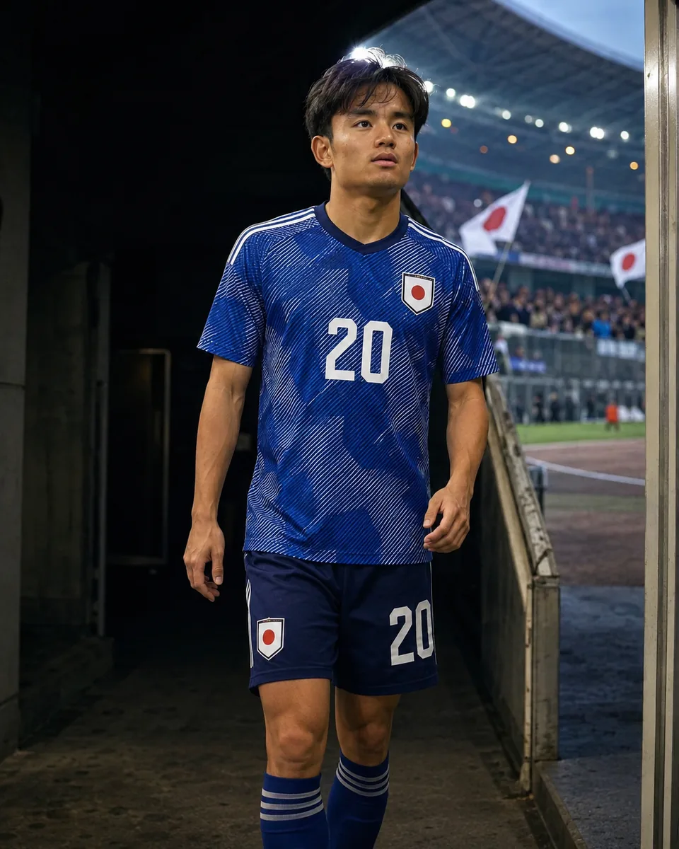 Editorial portrait of Takefusa Kubo in a blue Japan shirt at a stadium