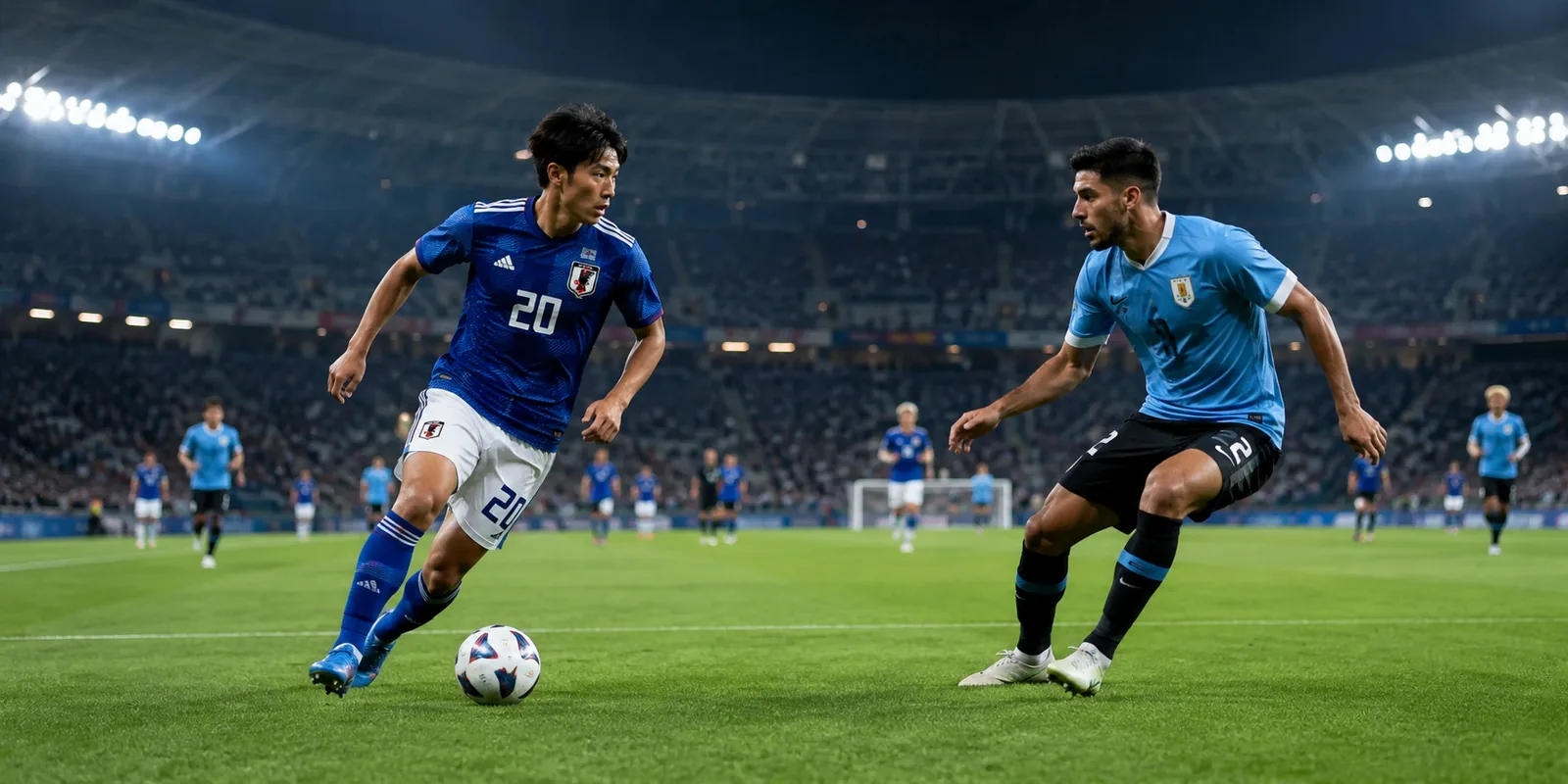 Conceptual illustration of Takefusa Kubo carrying the ball against a fictional Uruguay defender