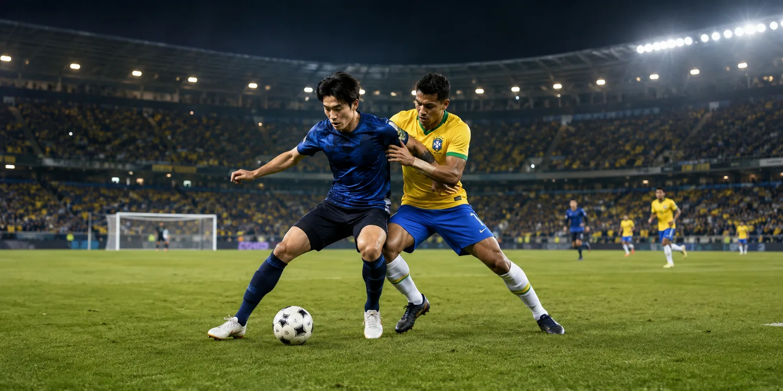 Conceptual illustration of a Japanese attacker under pressure from a Brazilian defender
