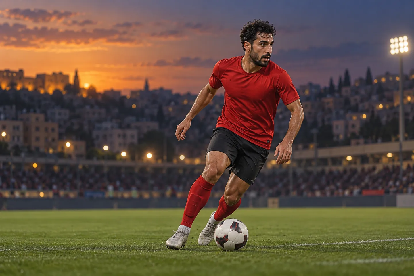 Al-Taamari-inspired footballer controlling a ball in a red Jordan shirt