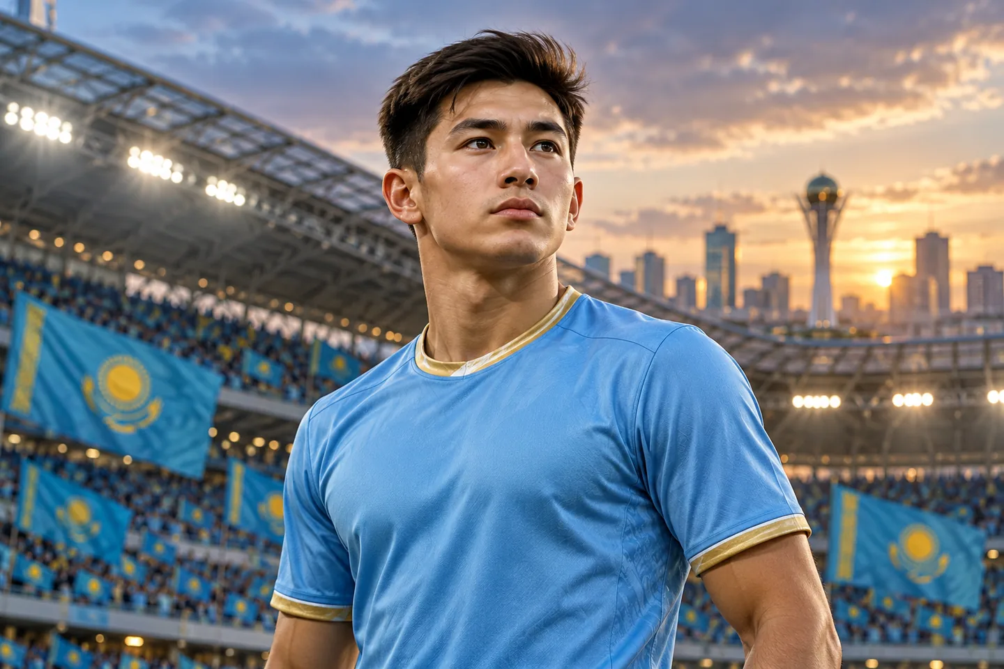 Dastan Satpayev-inspired Kazakhstan forward in sky blue, with his full face visible
