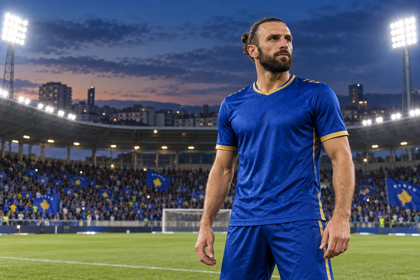 Vedat Muriqi-inspired Kosovo striker in blue, with his full face visible