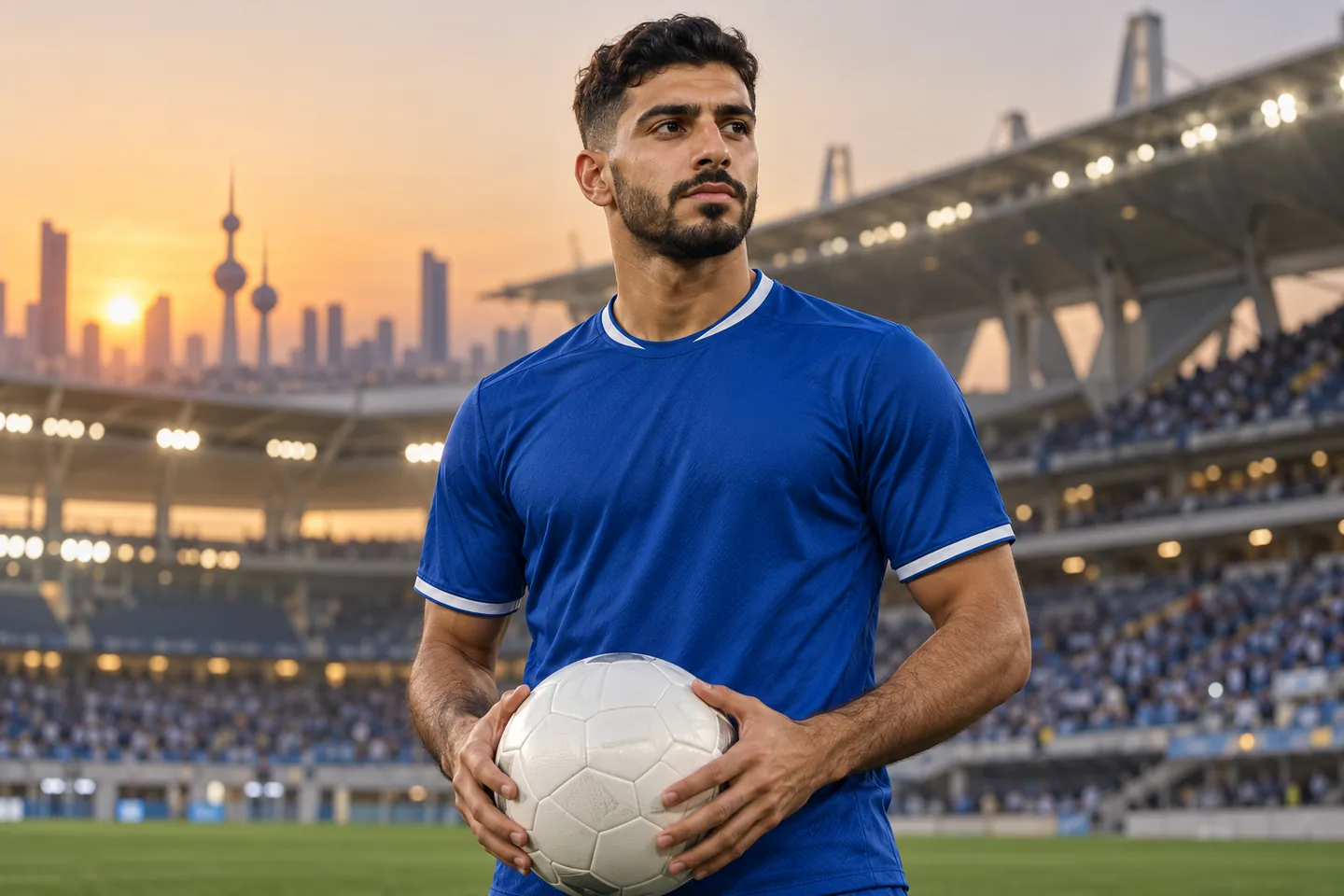 Yousef Nasser-inspired Kuwaiti forward in a plain blue shirt holding a ball