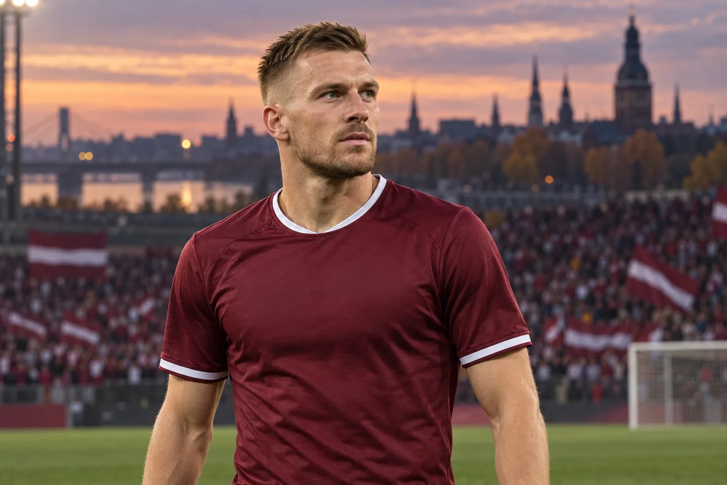 Vladislavs Gutkovskis-inspired Latvia striker in burgundy, with his full face visible
