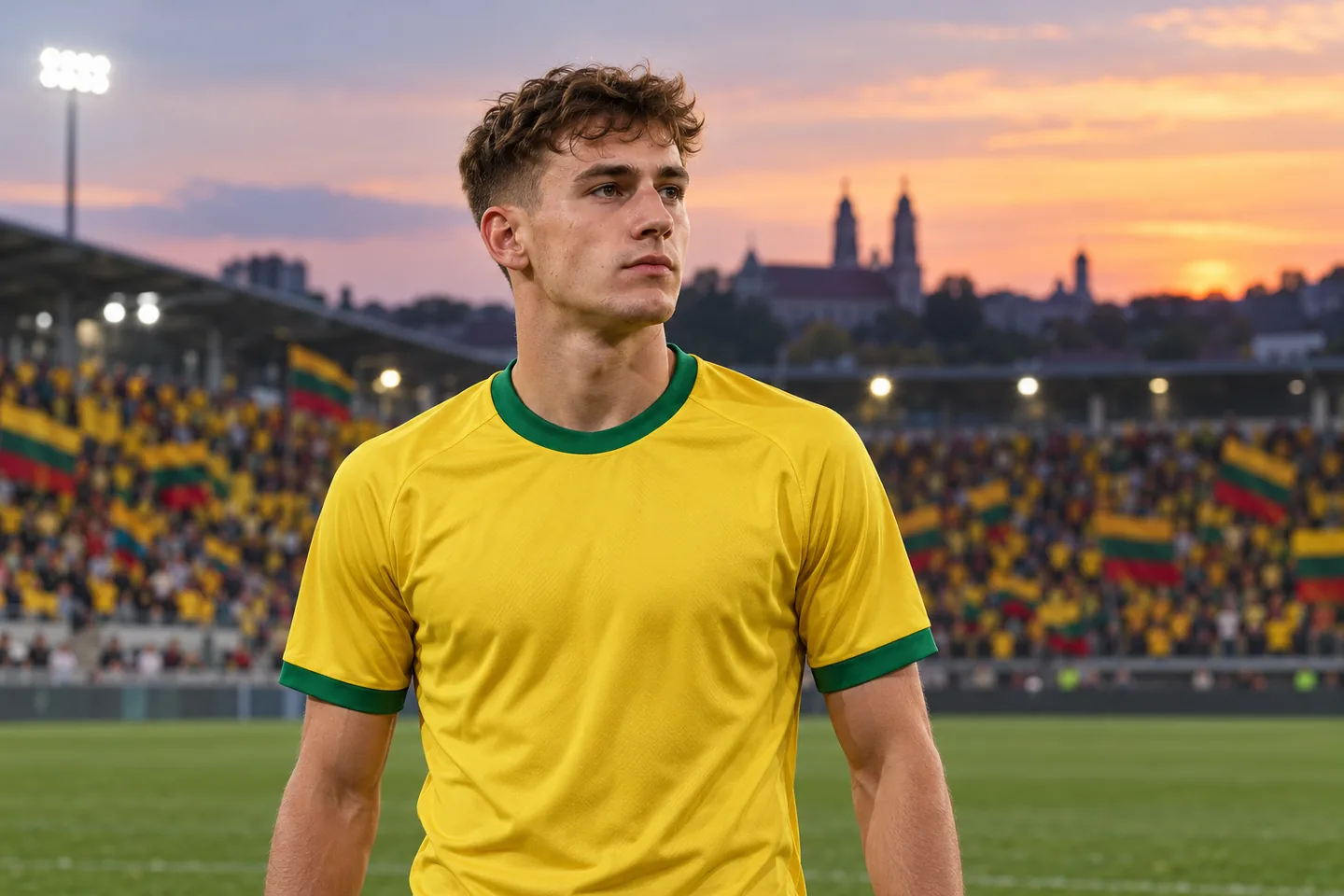 Gvidas Gineitis-inspired Lithuania midfielder in yellow, with his full face visible