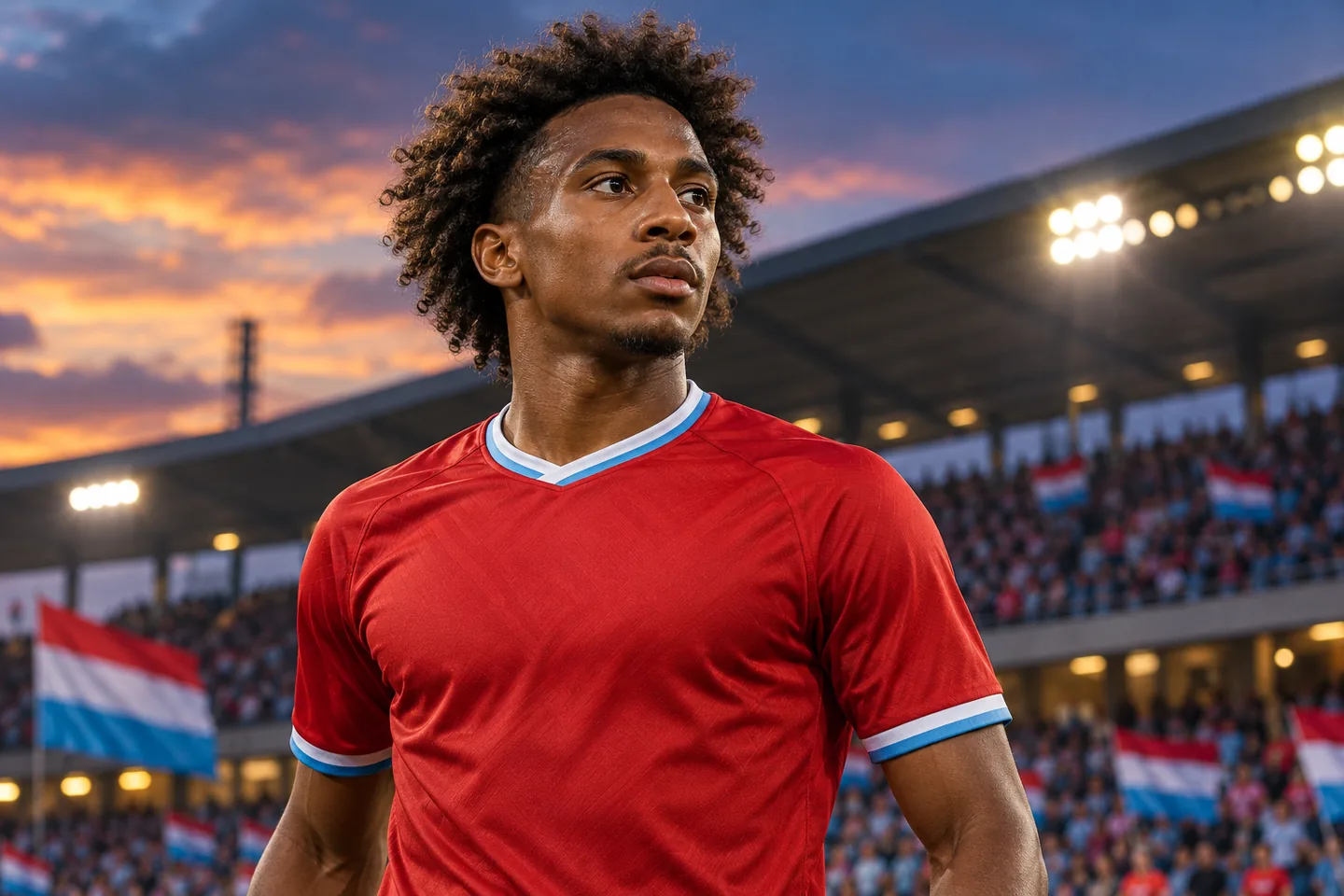 Leandro Barreiro-inspired Luxembourg midfielder in red, with his full face visible