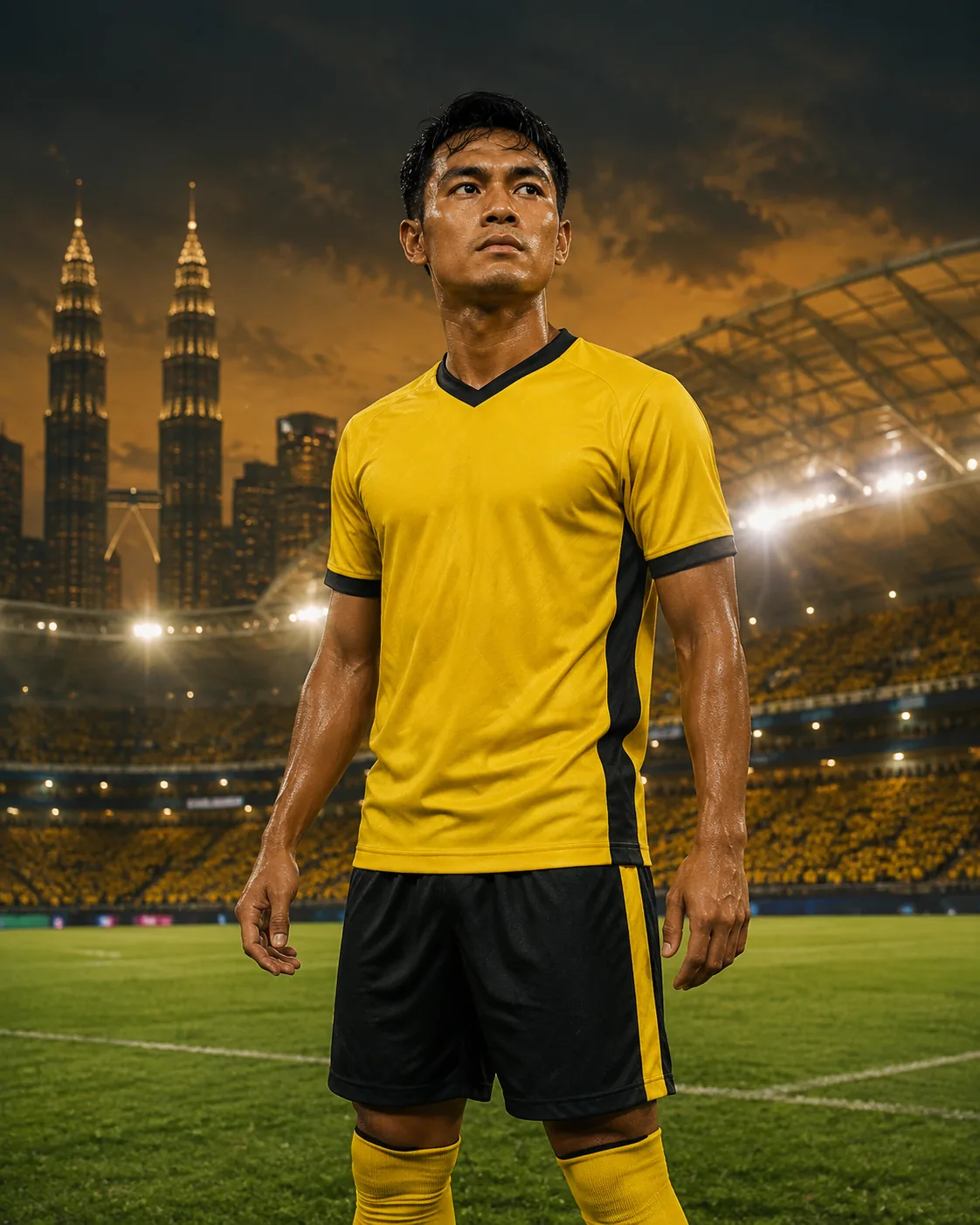 Editorial portrait of a Malaysian footballer in yellow and black