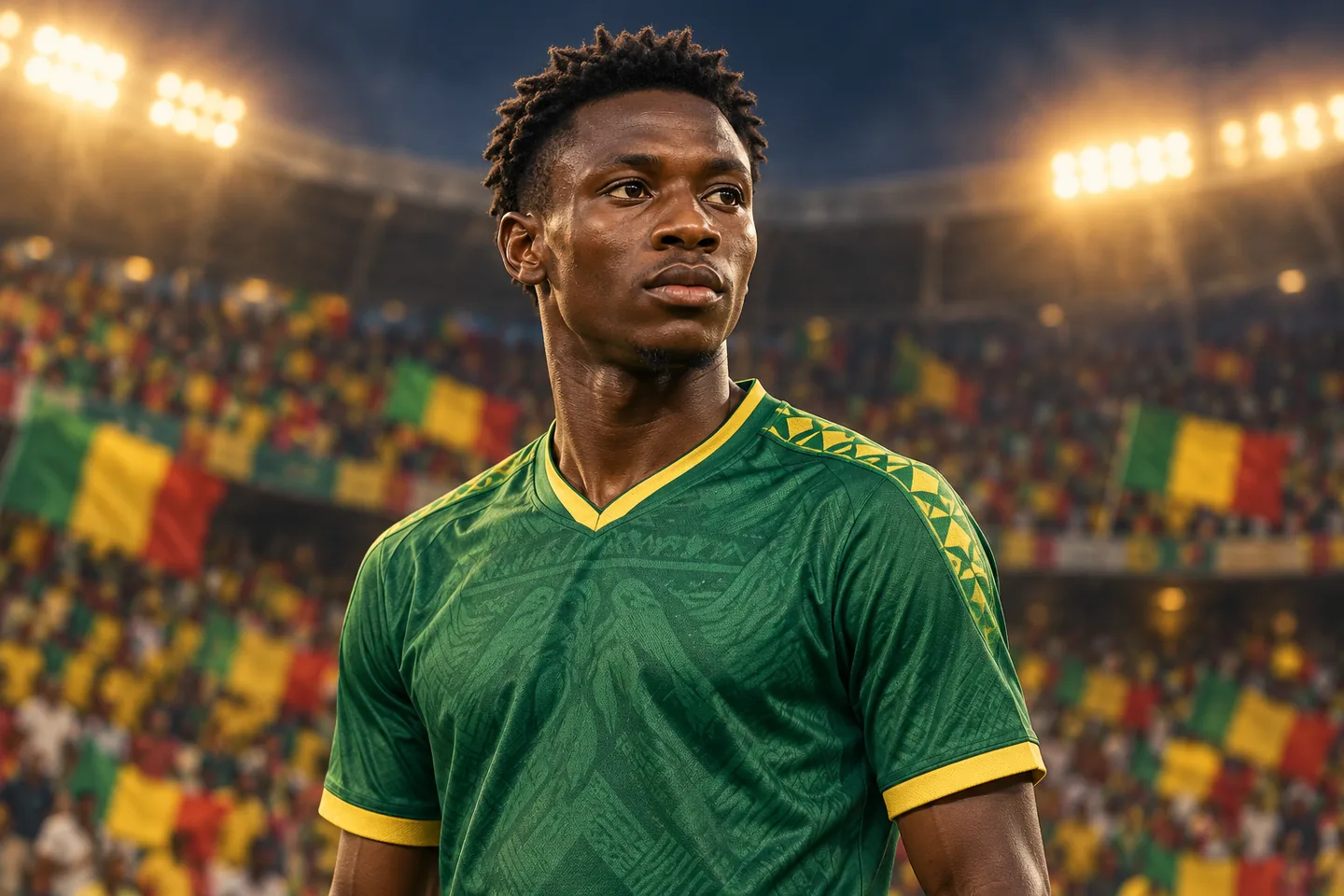 A Dorgeles Nene-inspired Mali forward in green, full face visible