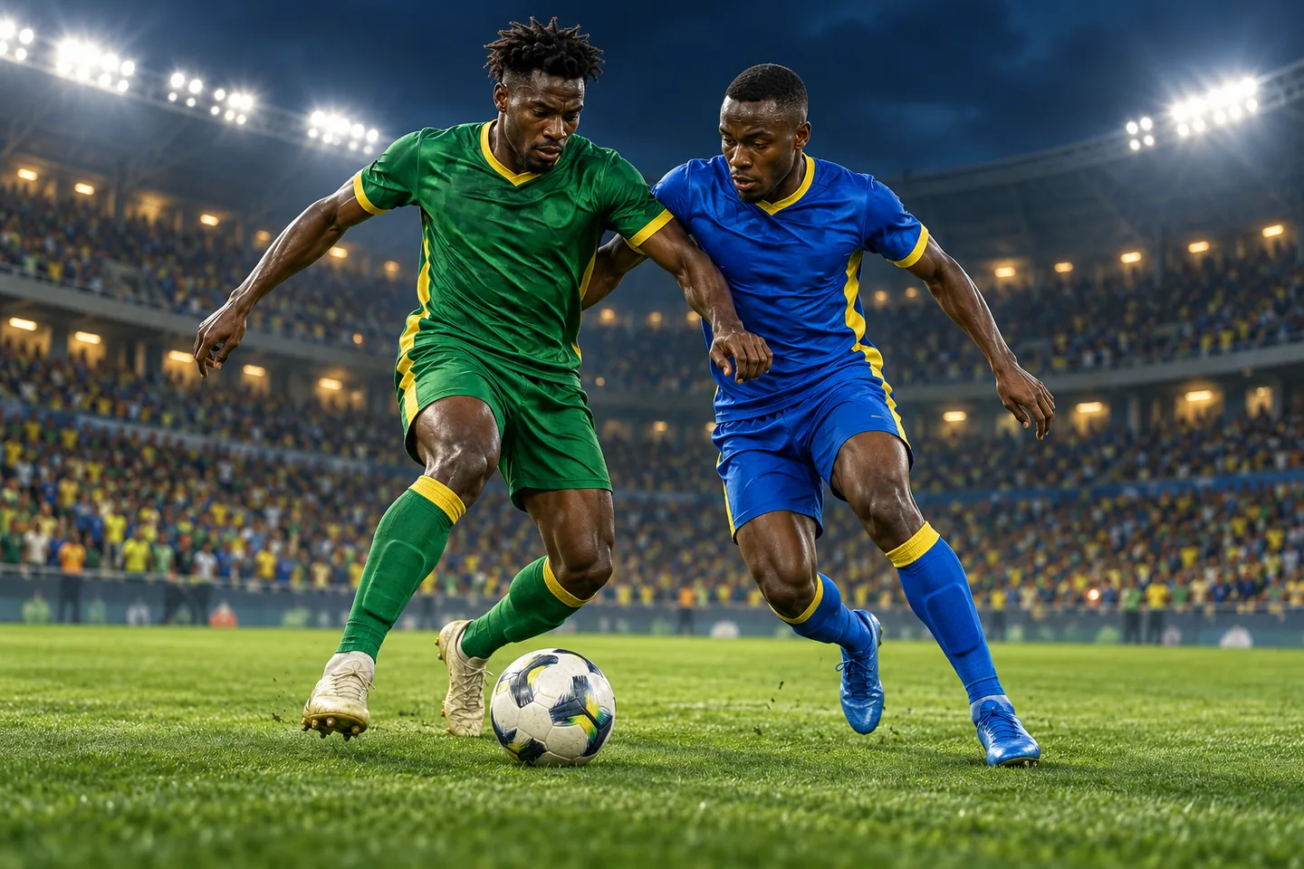 Symbolic Mali and Rwanda footballers contesting the ball, both faces visible