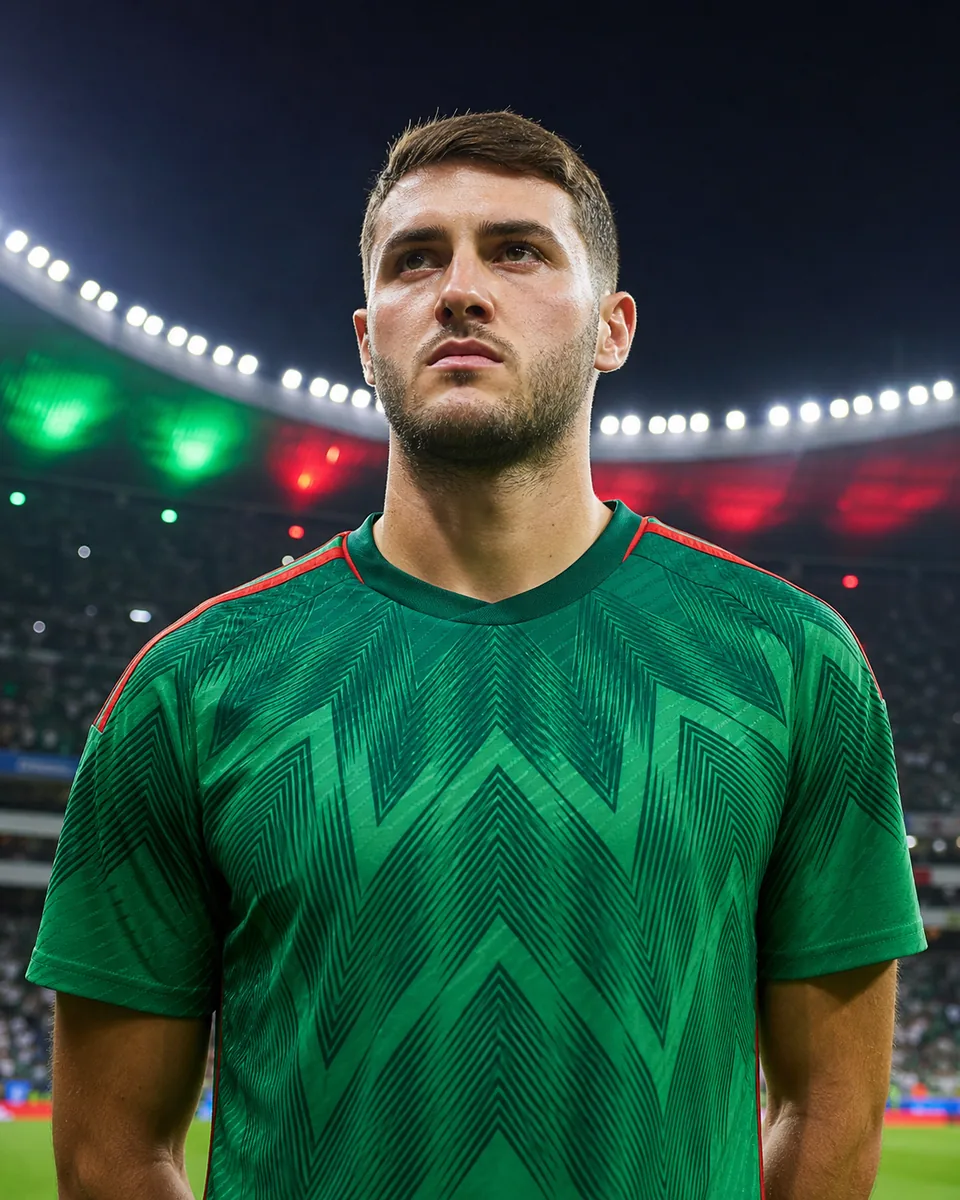 Editorial portrait of a Mexican striker in a green shirt