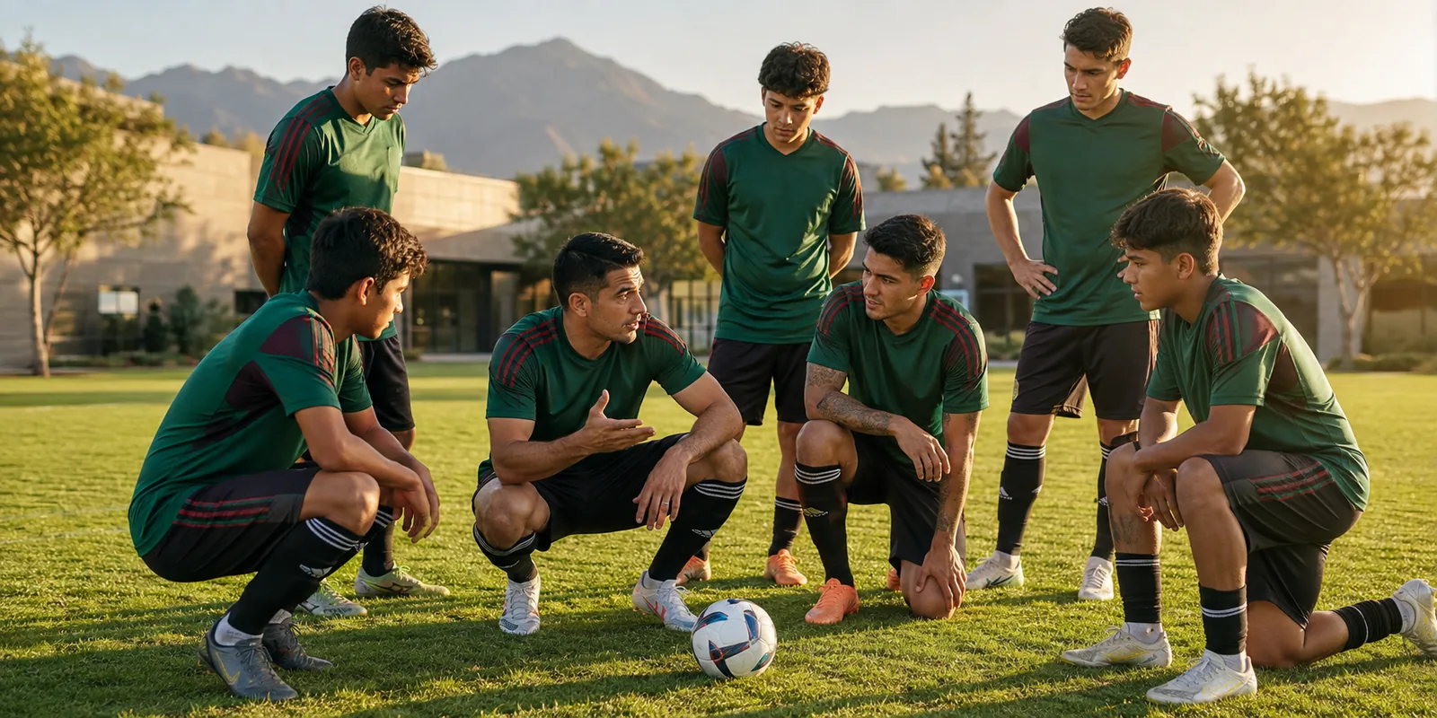 Conceptual senior and young Mexican players training together