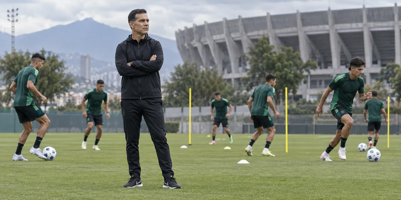 Editorial illustration of Rafael Márquez observing Mexico players in training