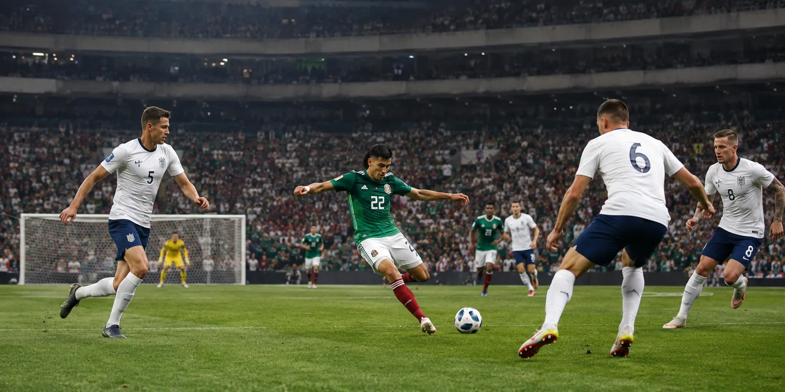 Conceptual Mexico and England World Cup knockout scene