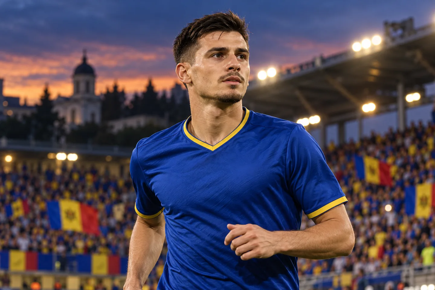 Nicky Cleșcenco-inspired Moldova attacking midfielder in blue, with his full face visible