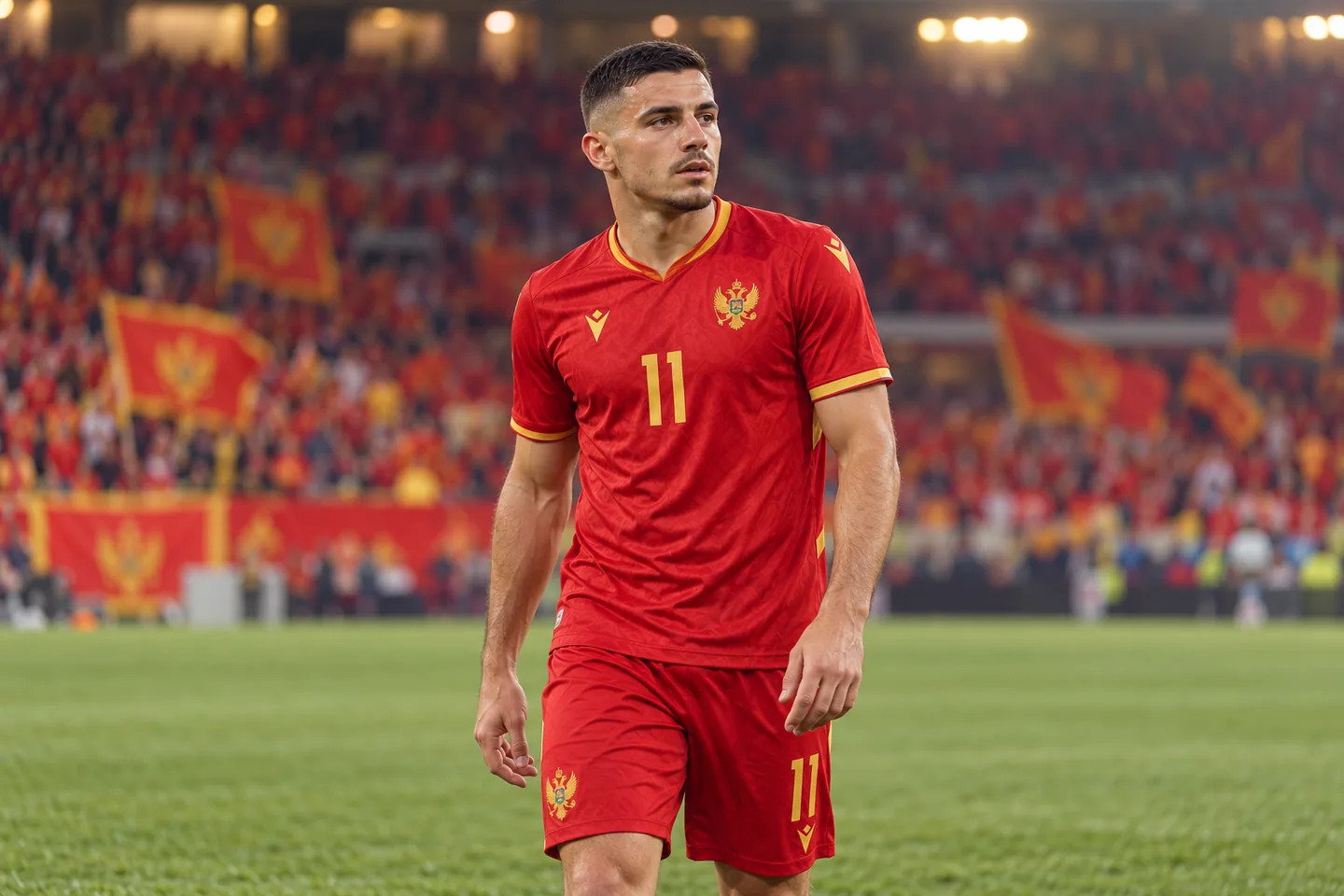 A Krstović-inspired Montenegro forward in red, full face visible