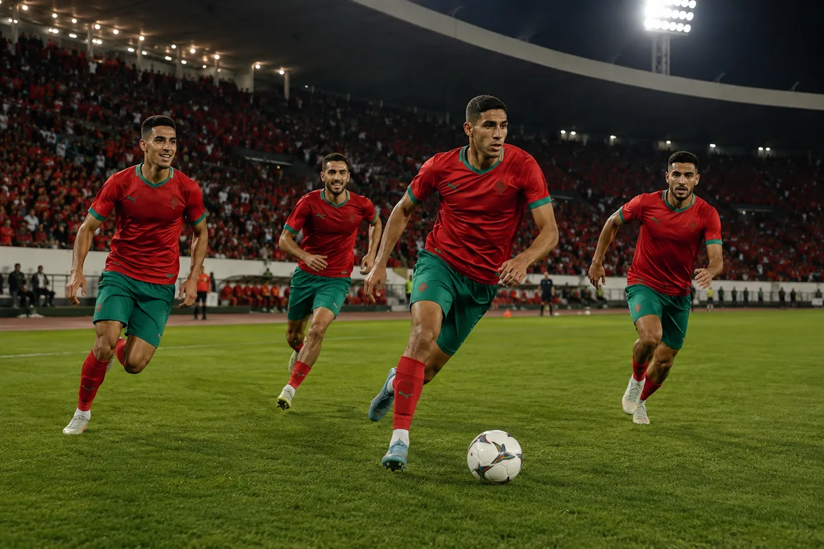 Fictional footballers in Morocco-inspired national colours during a stadium match