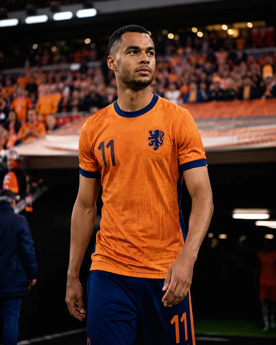 Editorial portrait of Cody Gakpo in an orange Netherlands shirt at a stadium