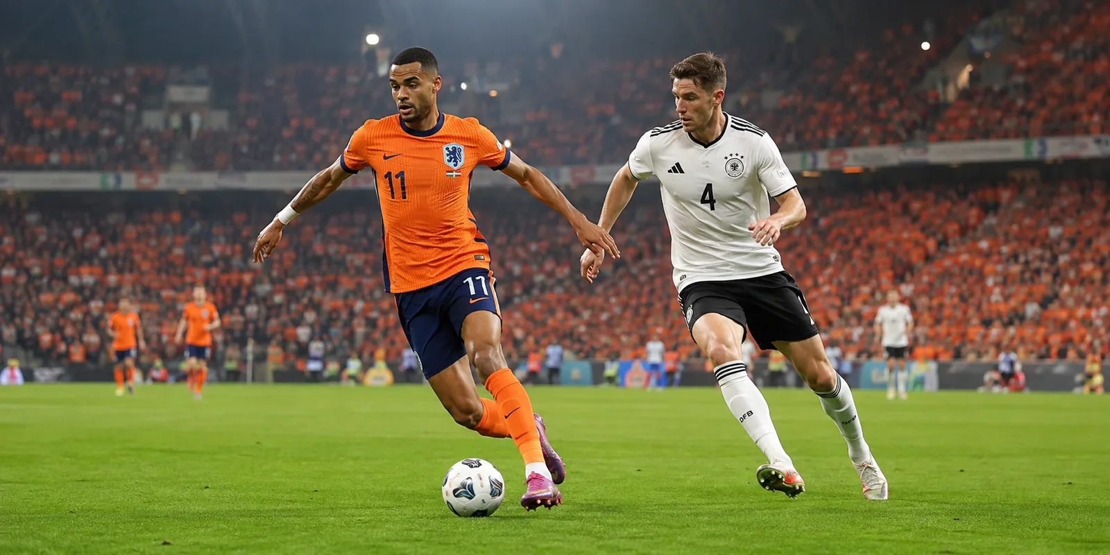 Preview illustration of Cody Gakpo carrying the ball alongside a fictional German defender