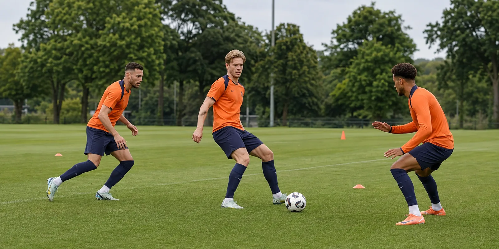 Conceptual illustration of Frenkie de Jong and two fictional teammates in an orange-shirted passing drill