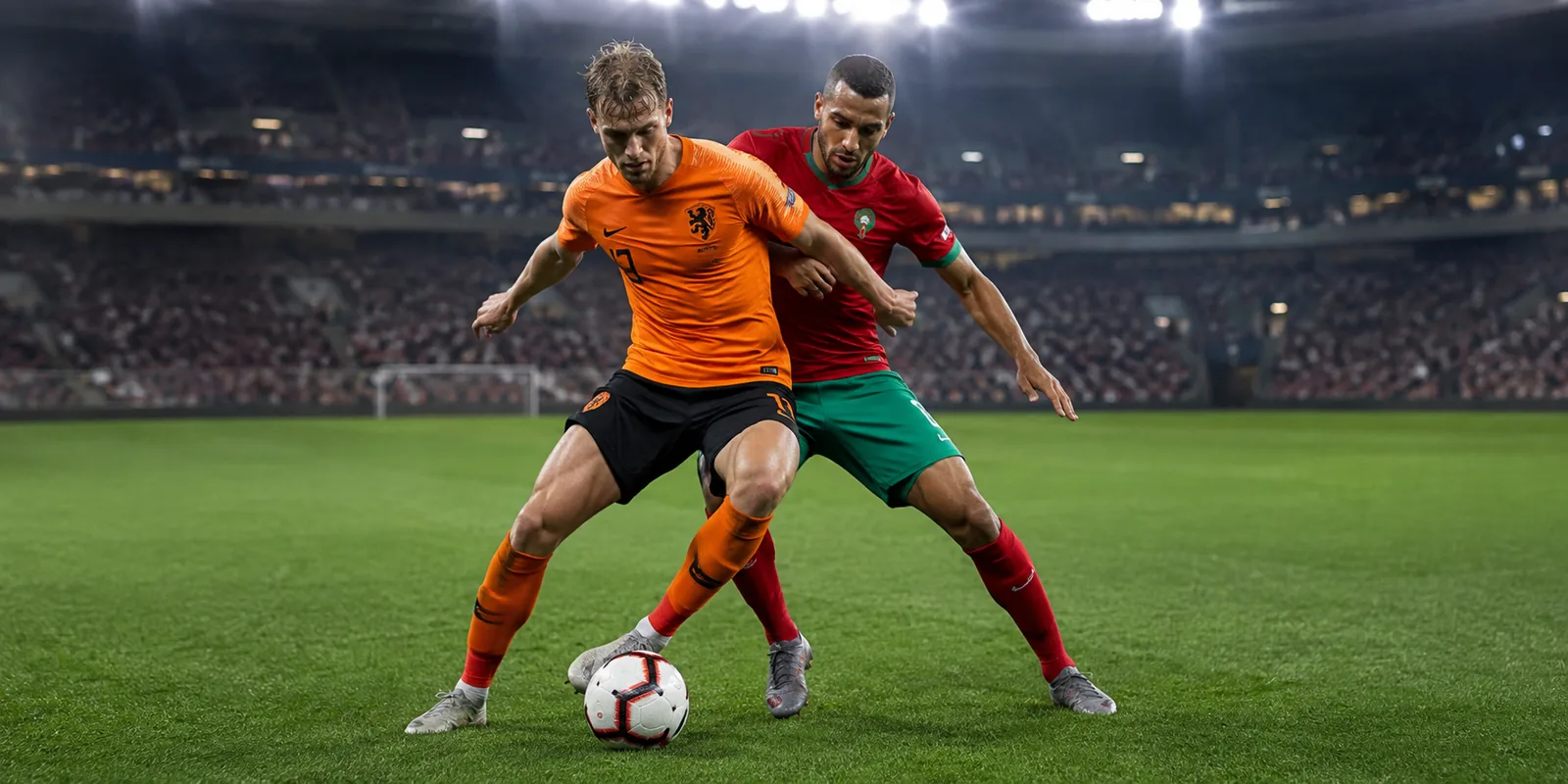 Conceptual illustration of a Dutch winger shielding the ball from a Moroccan defender