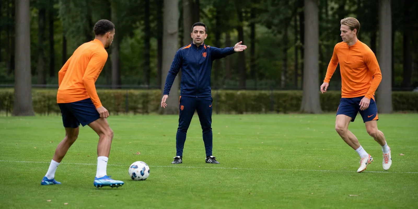 Imagined illustration of Xavi Hernández directing a passing drill with two fictional Dutch players