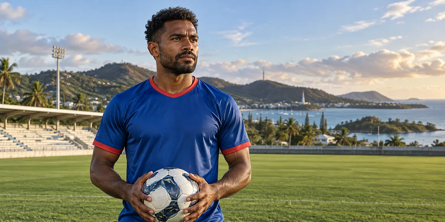 Brice Dahite-inspired New Caledonia captain in blue at a tropical football ground, with his full head and face visible