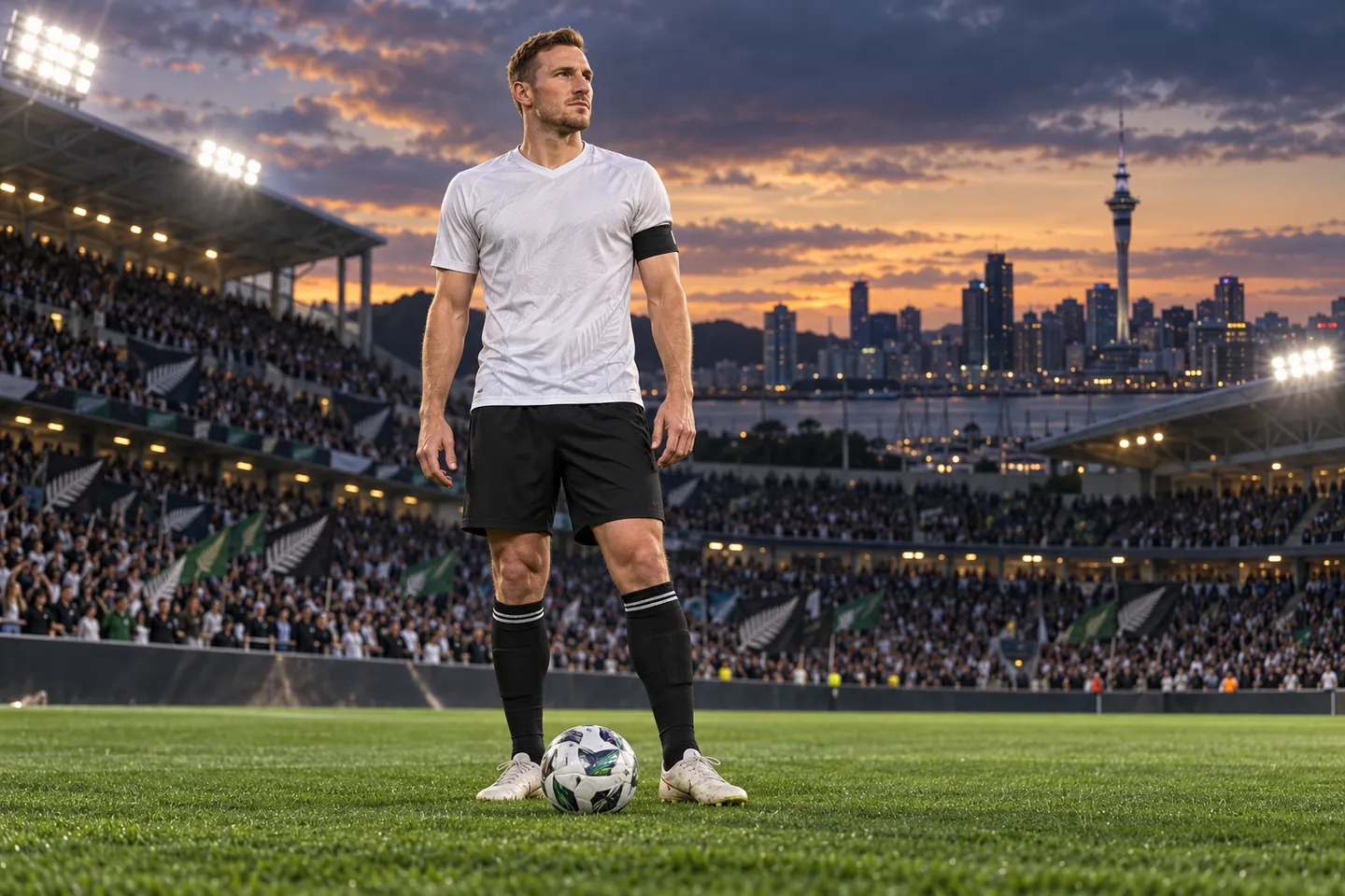 Wood-inspired captain in a white shirt standing with a football