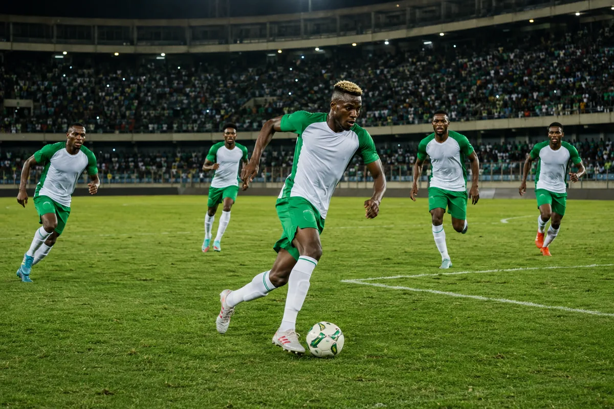 Fictional footballers in Nigeria-inspired national colours during a stadium match