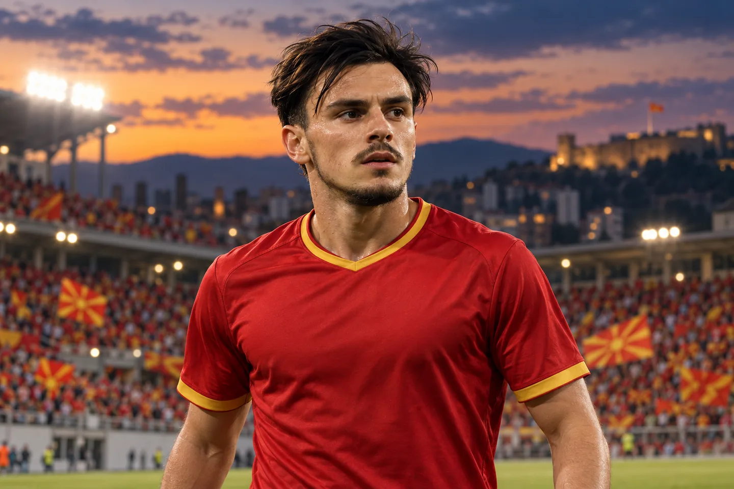 Eljif Elmas-inspired North Macedonia midfielder in red, with his full face visible