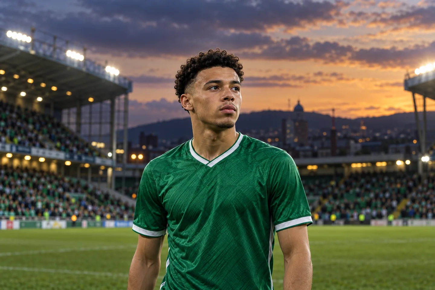 A Shea Charles-inspired Northern Ireland midfielder in green with his full face visible