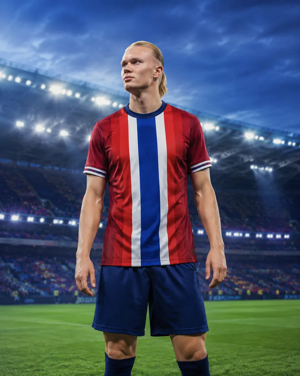 Editorial portrait of a Norwegian striker in red and blue