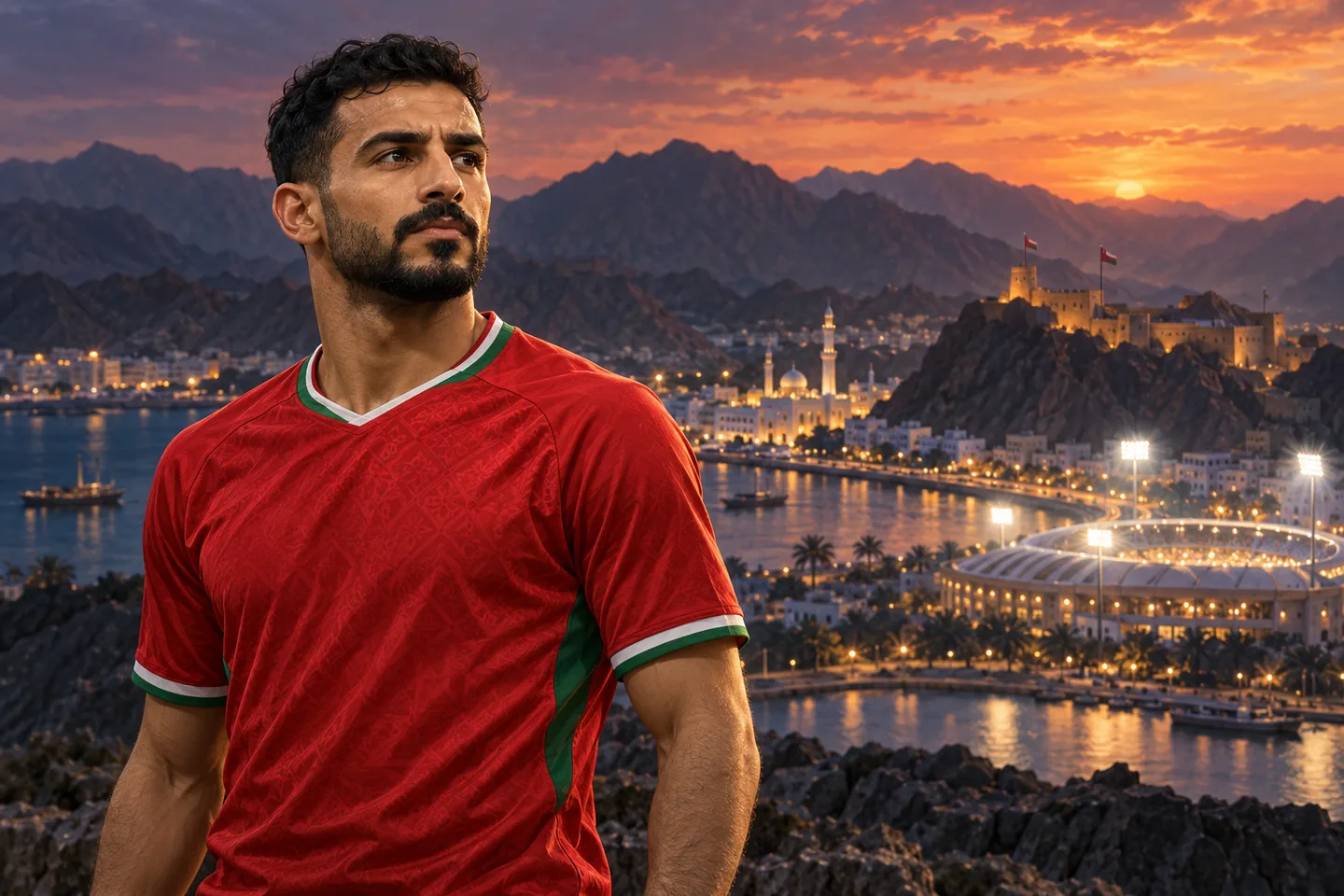 A Mohsin Al-Ghassani-inspired Oman forward in red, full face visible