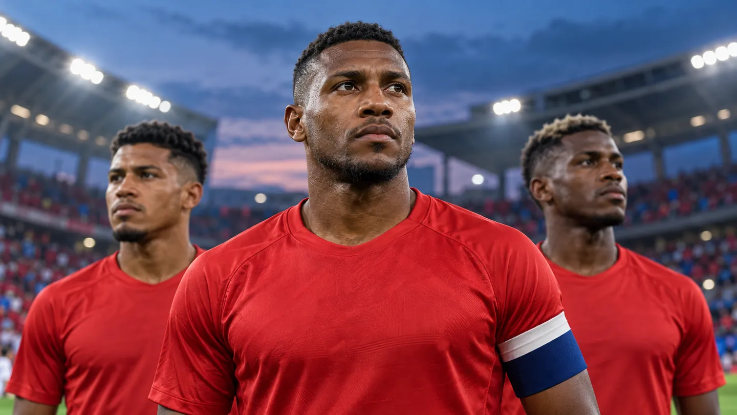 Editorial portrait inspired by Amir Murillo with teammates in Panama colours