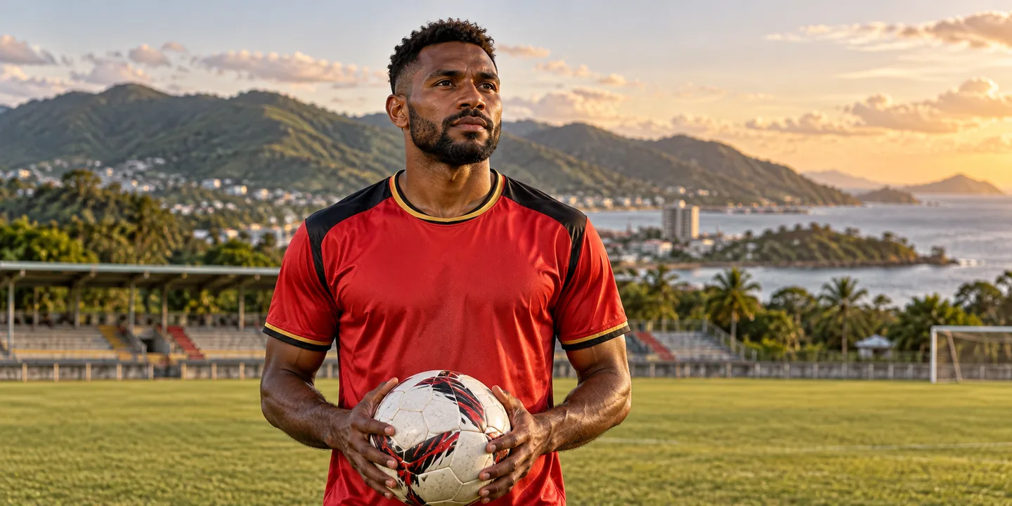 Tommy Semmy-inspired Papua New Guinea forward in red at a tropical football ground, with his full head, face and hands visible
