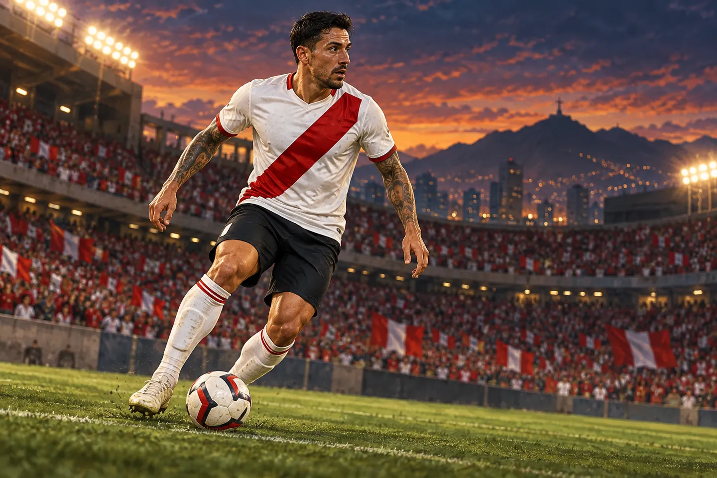 Lapadula-inspired footballer controlling a ball in a white Peru shirt with a red sash