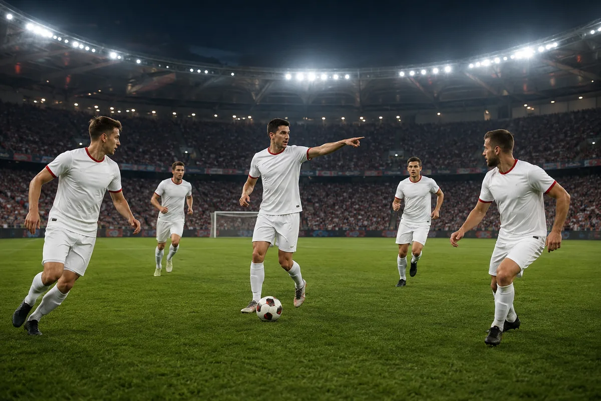 Fictional footballers in Poland-inspired national colours during a stadium match