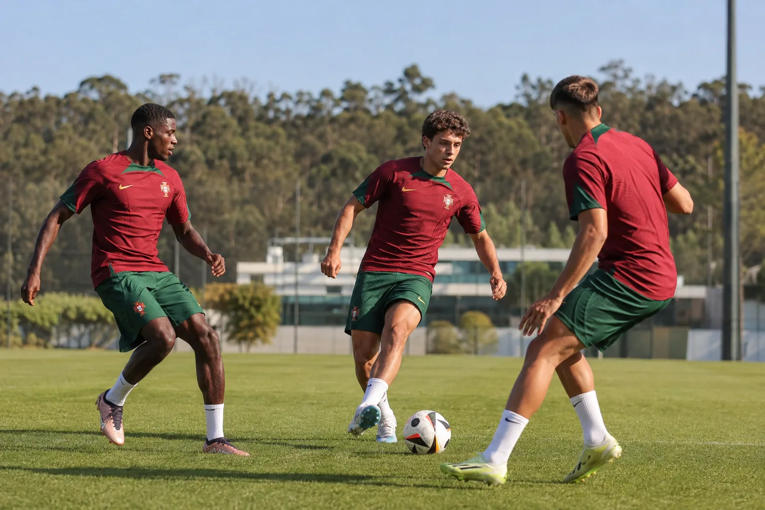 Editorial illustration of young Portugal players exchanging passes in training