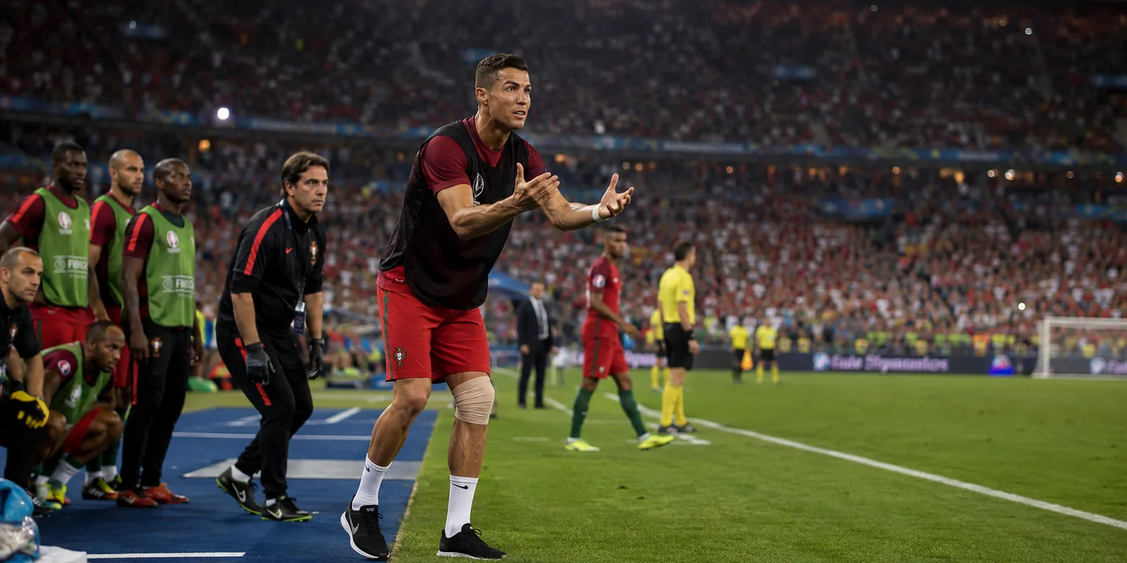 Historical illustration of an injured Cristiano Ronaldo encouraging Portugal from the touchline in 2016