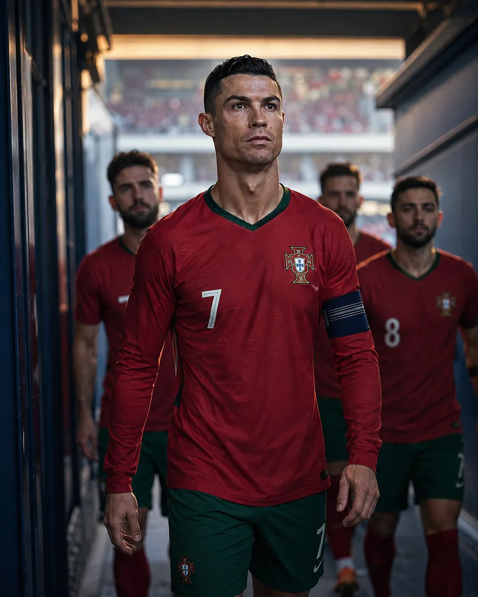 Editorial illustration of Cristiano Ronaldo leading Portugal players through a stadium tunnel