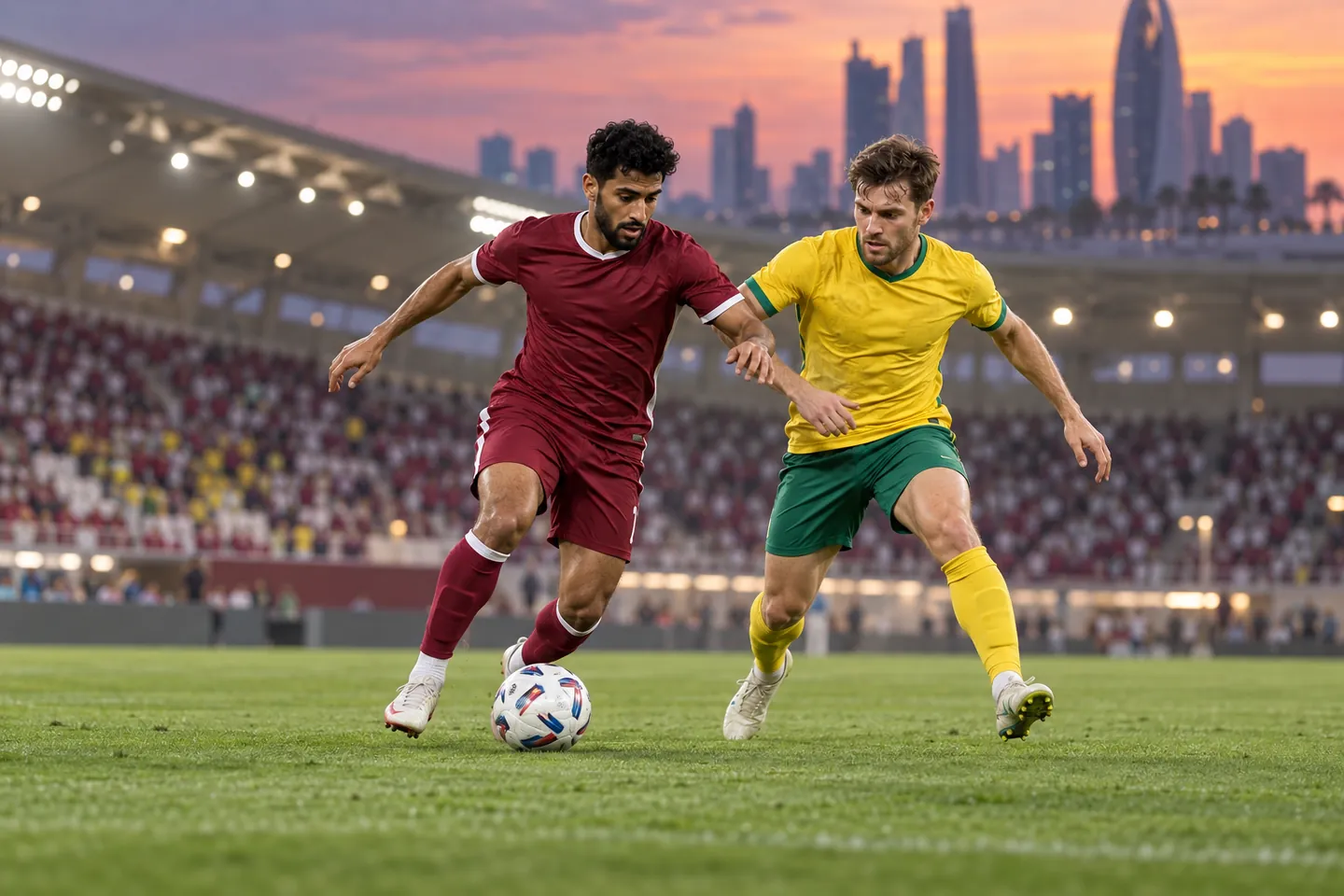 Imagined duel between footballers in Qatar maroon and Australia yellow